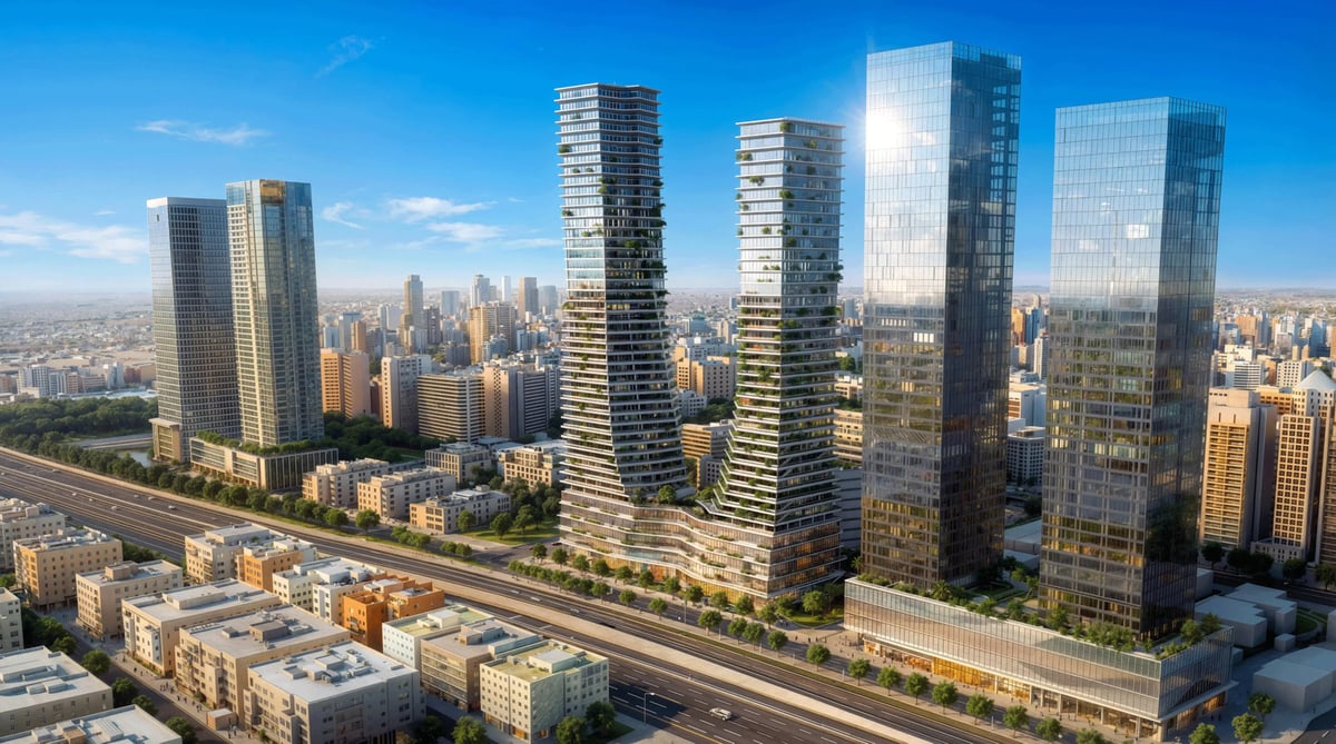 הדמיית לילה לבניין מגורים עם תאורת מרפסות חמה — View Boost