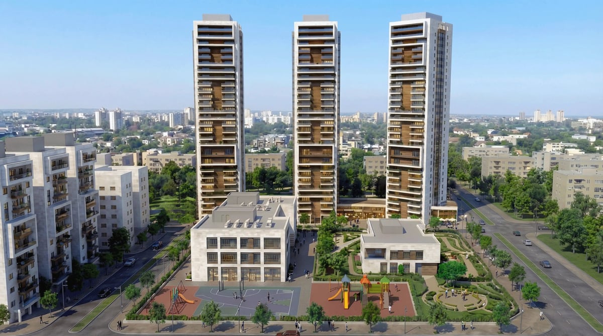 הדמיית חוץ לפרויקט מגורים מוקף בצמחייה ירוקה — View Boost