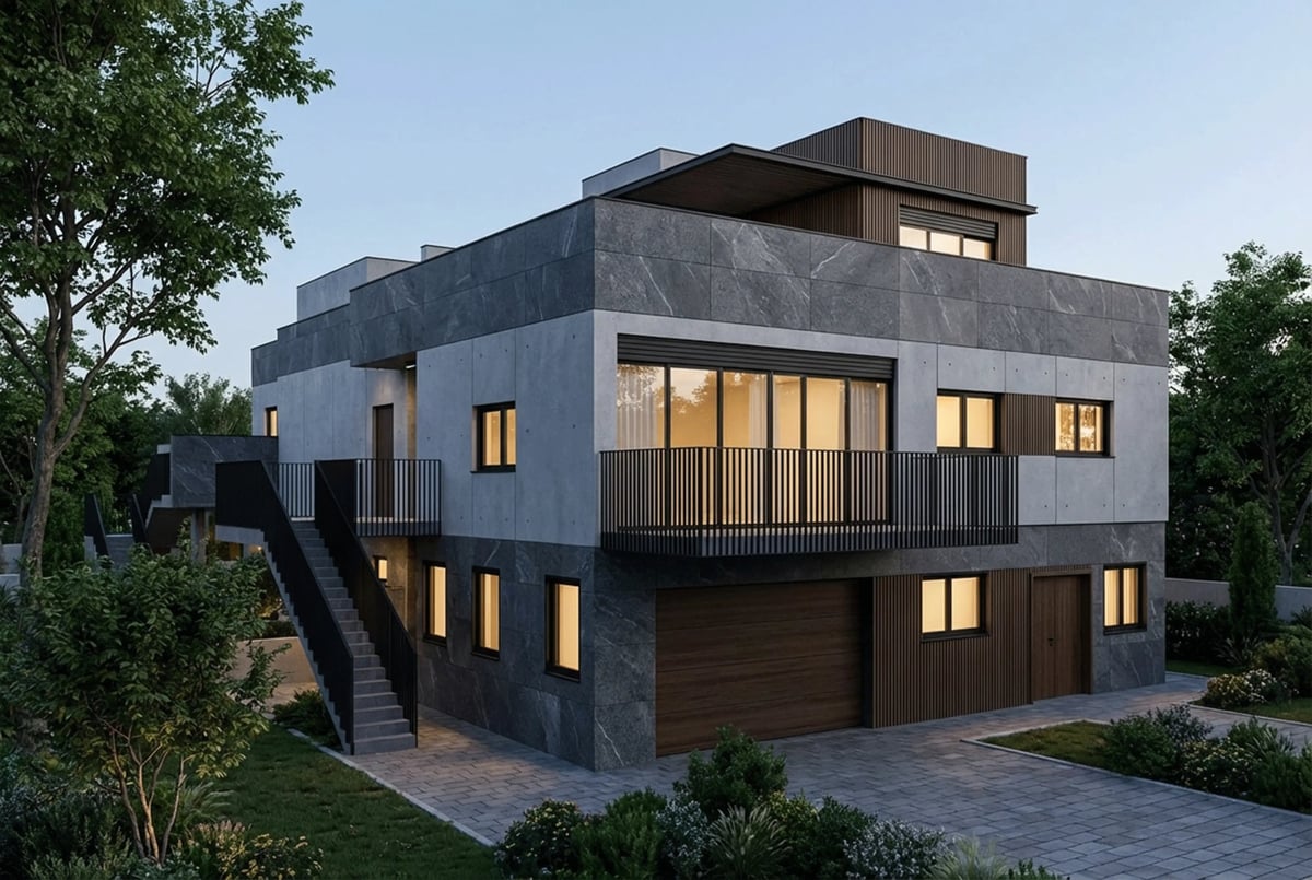 הדמיית חוץ לבניין רב-קומות עם חיפוי אבן בהירה — View Boost