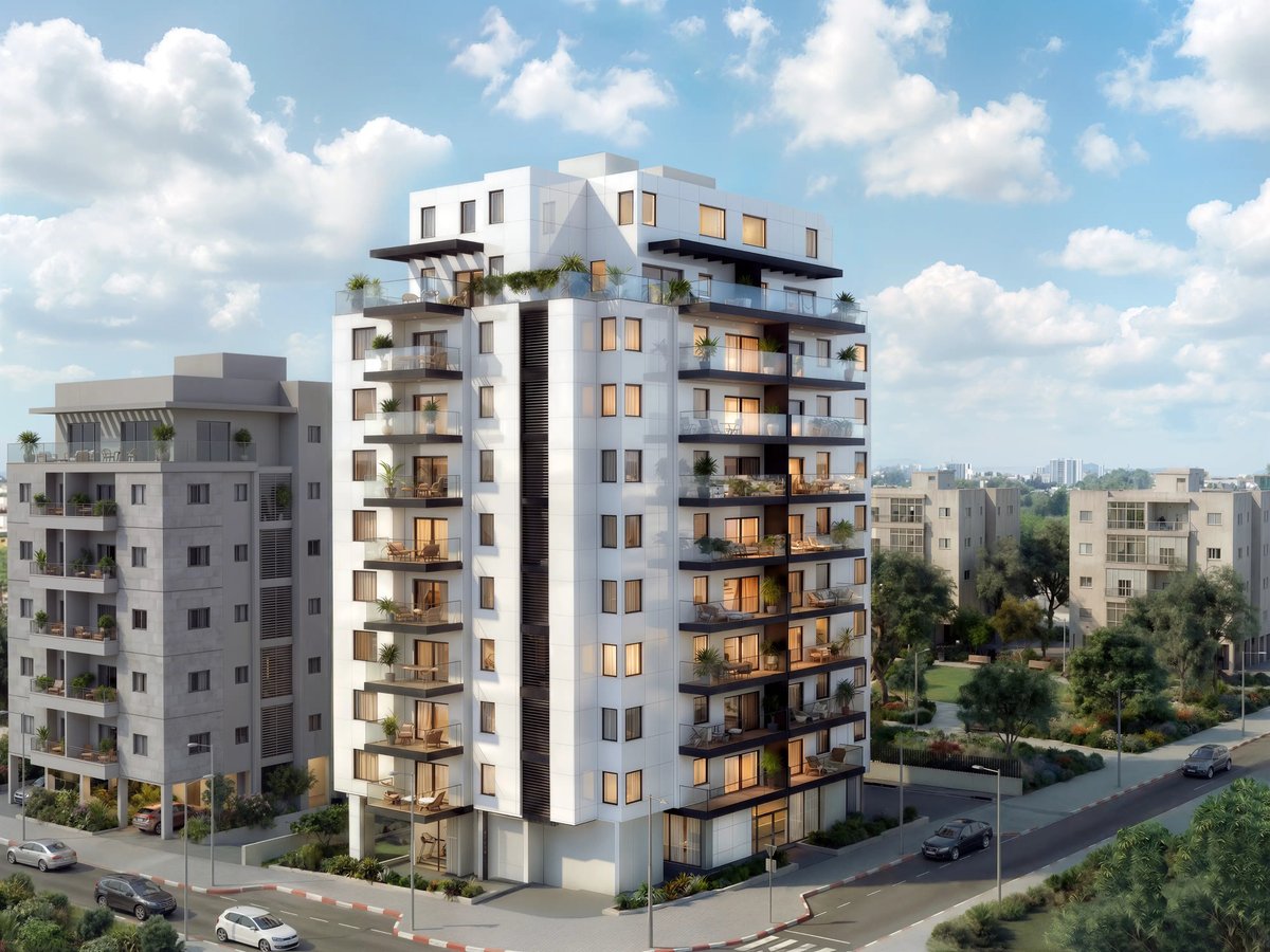 הדמיית חוץ לפינת בניין עם מרפסות זכוכית וצמחייה — View Boost