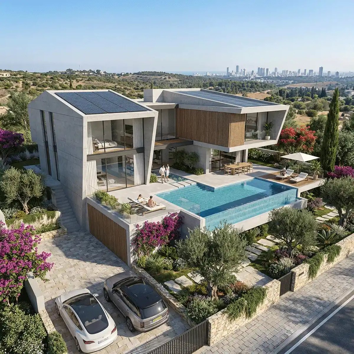 הדמיית חוץ לבניין מגורים עם בריכת שחייה וגינה — View Boost