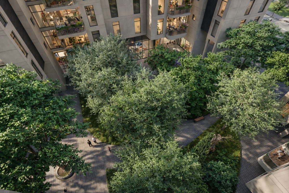 הדמיית חוץ לבניין מגורים מודרני עם קווים נקיים — View Boost