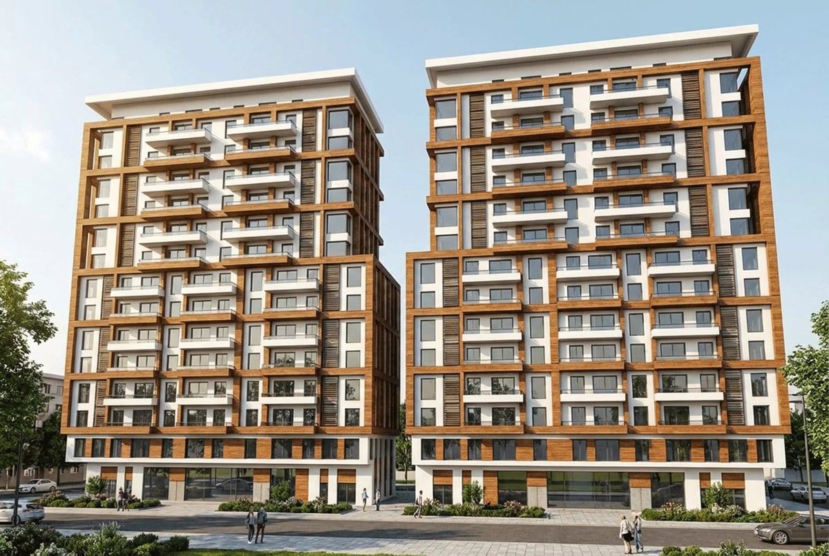 הדמיית לילה לבניין מגורים עם תאורה ארכיטקטונית — View Boost