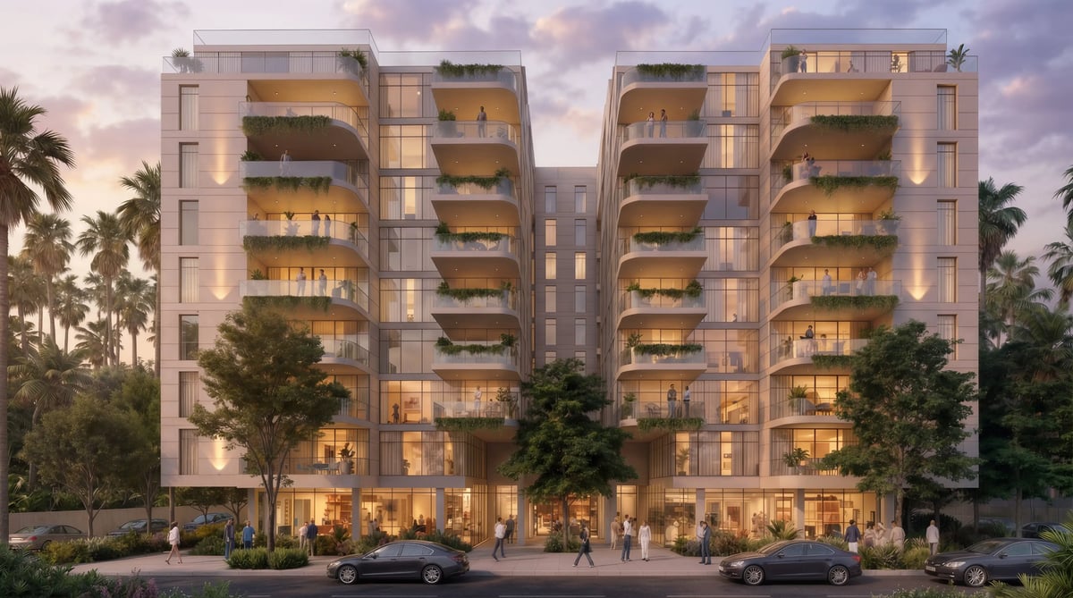 הדמיית חוץ למתחם מגורים עם מרפסות ירוקות ודקלים — View Boost