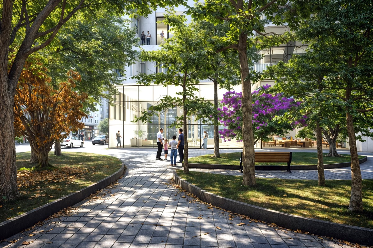 הדמיית פיתוח נוף לשביל מרוצף עם עצים ומבנה מגורים — View Boost