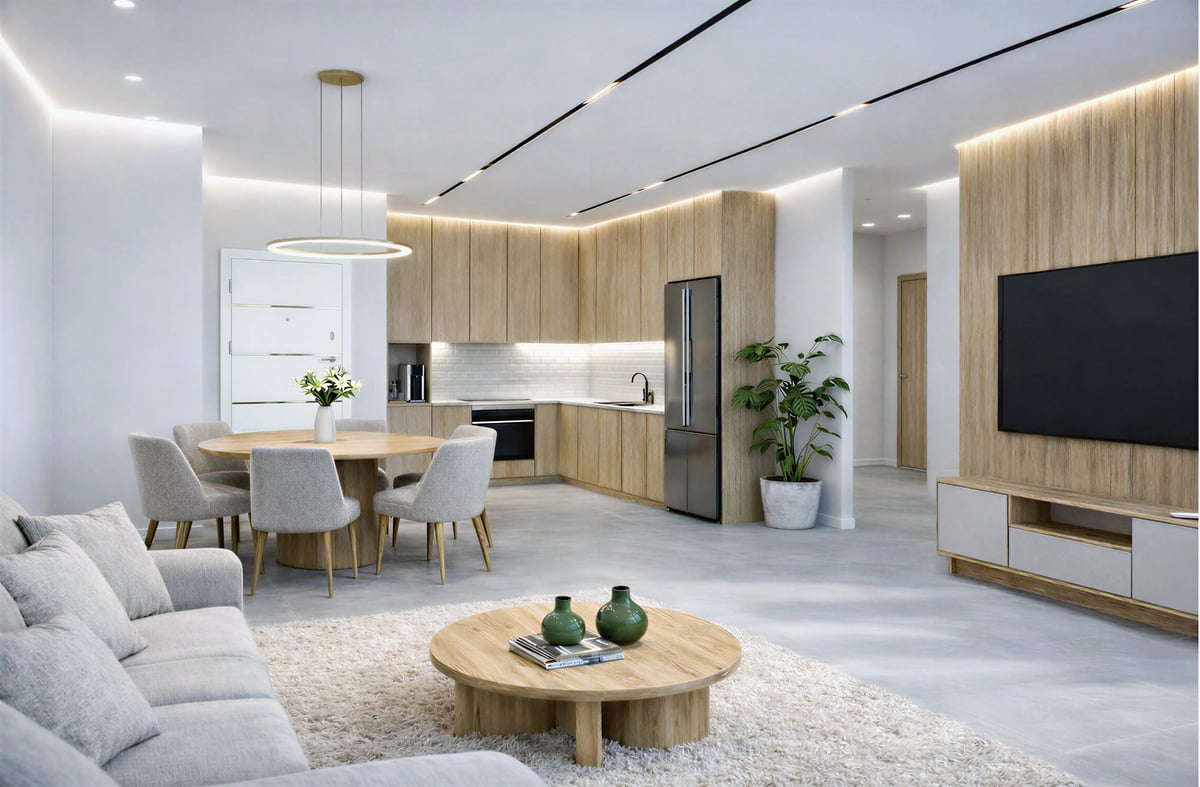 הדמיית פנים לסלון ומטבח בעיצוב סקנדינבי עם עץ טבעי — View Boost