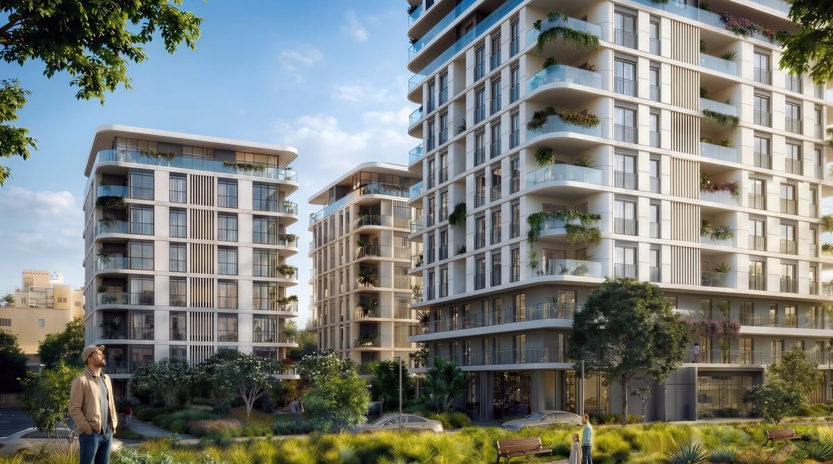 הדמיית חוץ לפרויקט מגורים עם מרפסות מעוגלות וצמחייה — View Boost