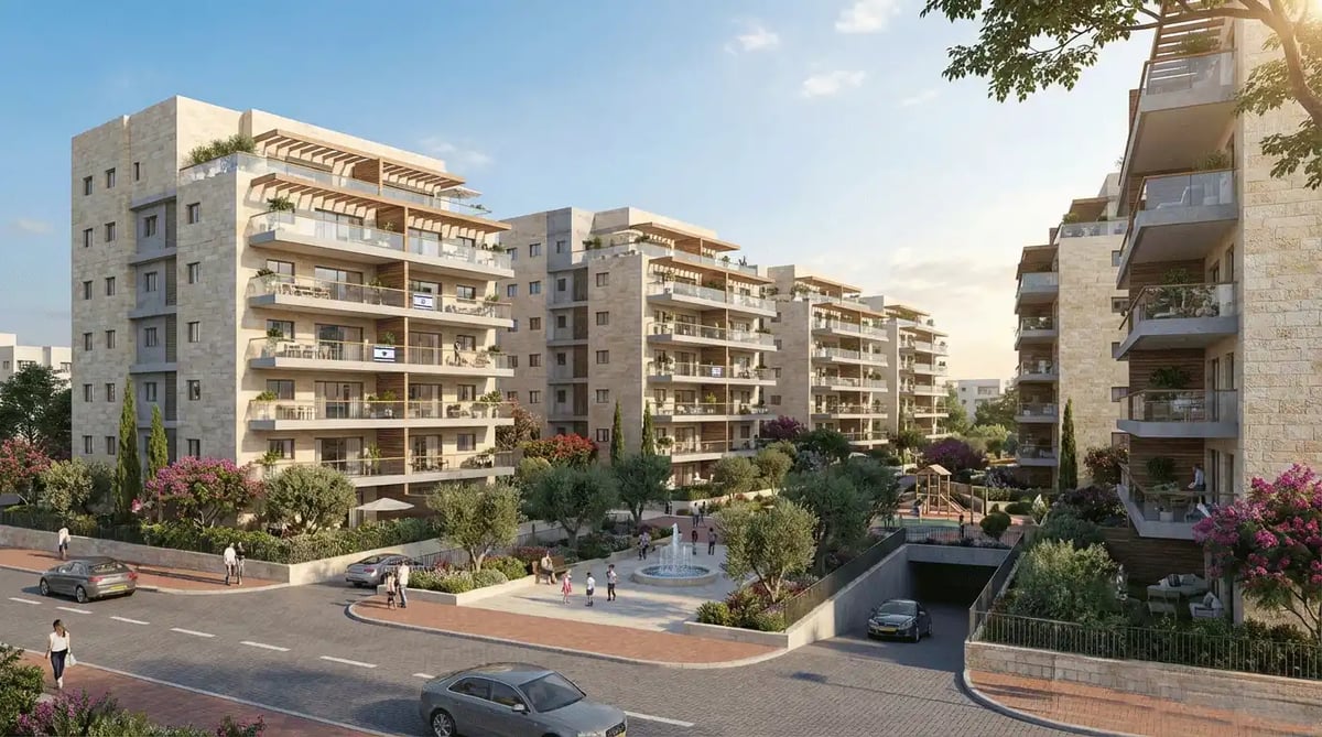 הדמיית חוץ לשכונת מגורים עם מגרש משחקים ומזרקה — View Boost