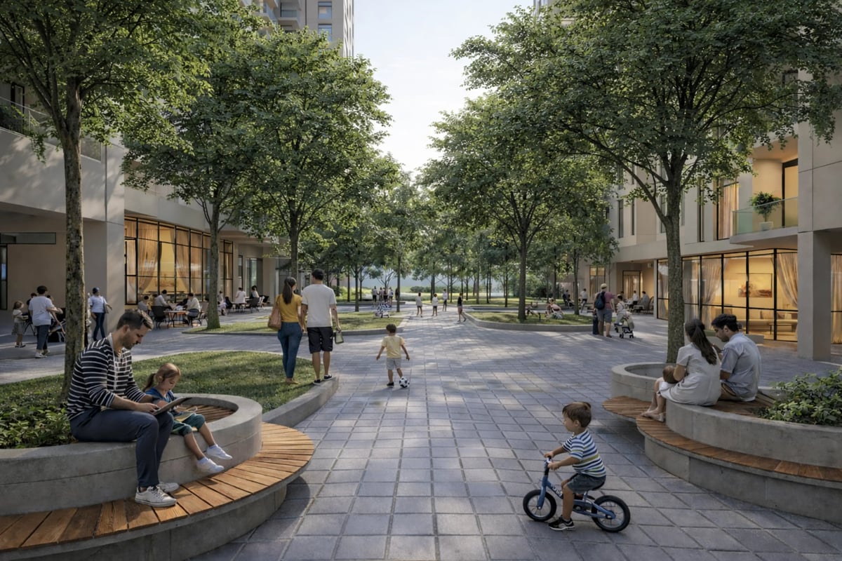 הדמיית פיתוח סביבתי לטיילת עם ספסלים ועצים בין מבנים — View Boost