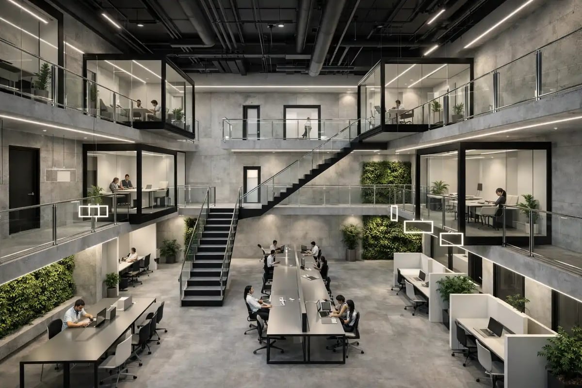 הדמיית פנים למשרד מודרני דו-קומתי עם מדרגות ברזל — View Boost