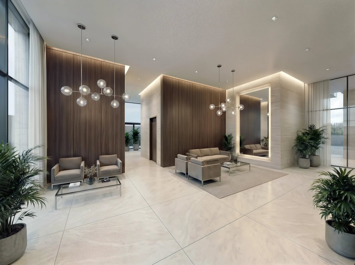 הדמיית פנים ללובי מגורים יוקרתי עם חיפוי עץ ונברשות — View Boost