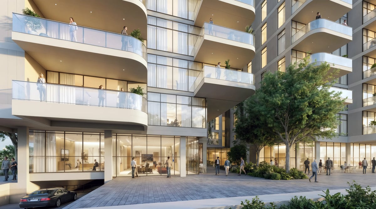 הדמיית חוץ לקומת כניסה עם מרפסות מעוגלות וחזית זכוכית — View Boost