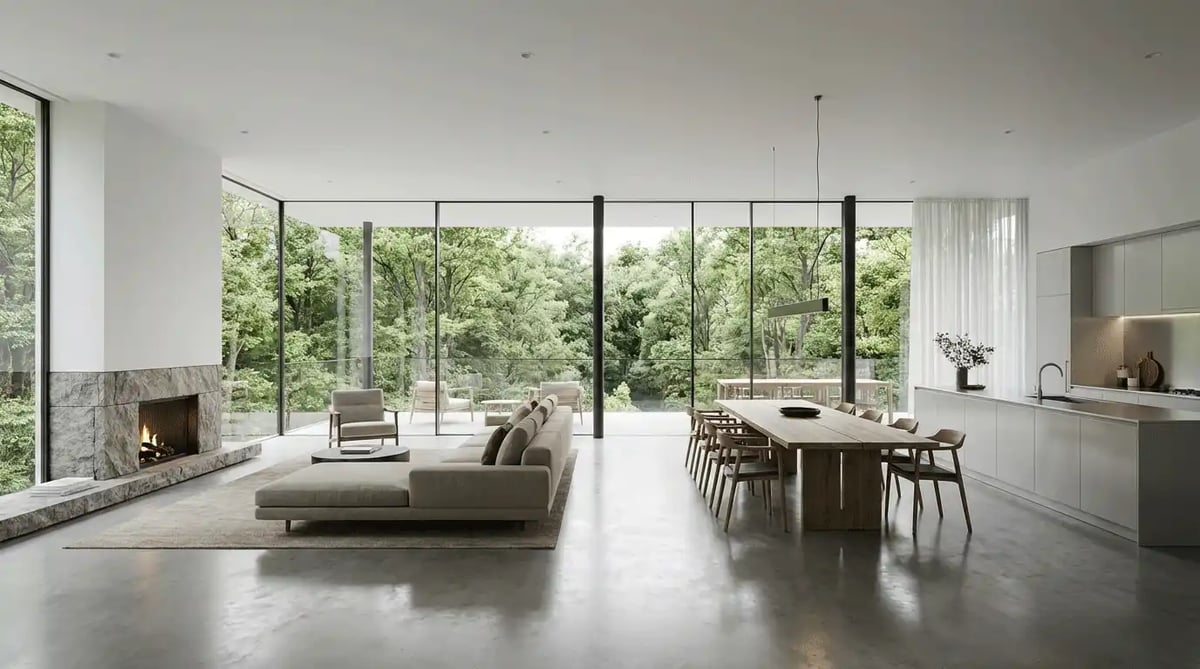 הדמיית פנים לווילה מודרנית עם קיר אח וחלונות מהרצפה לתקרה — View Boost