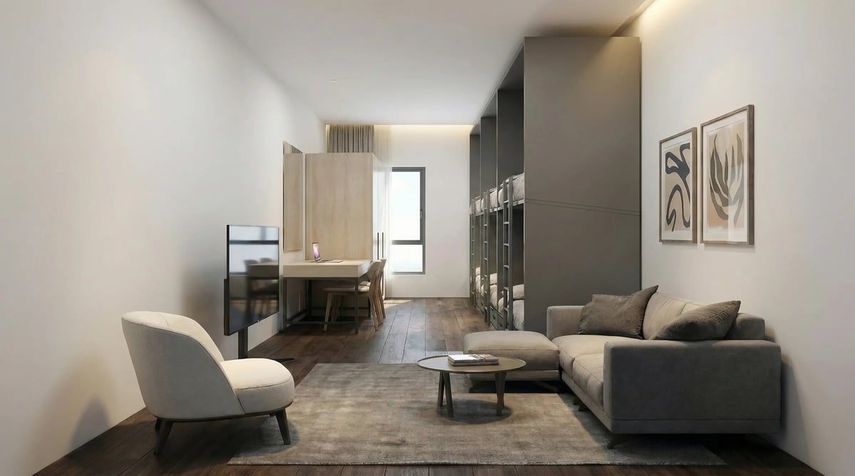 הדמיית פנים לדירת סטודיו עם ספה פינתית ופינת עבודה — View Boost