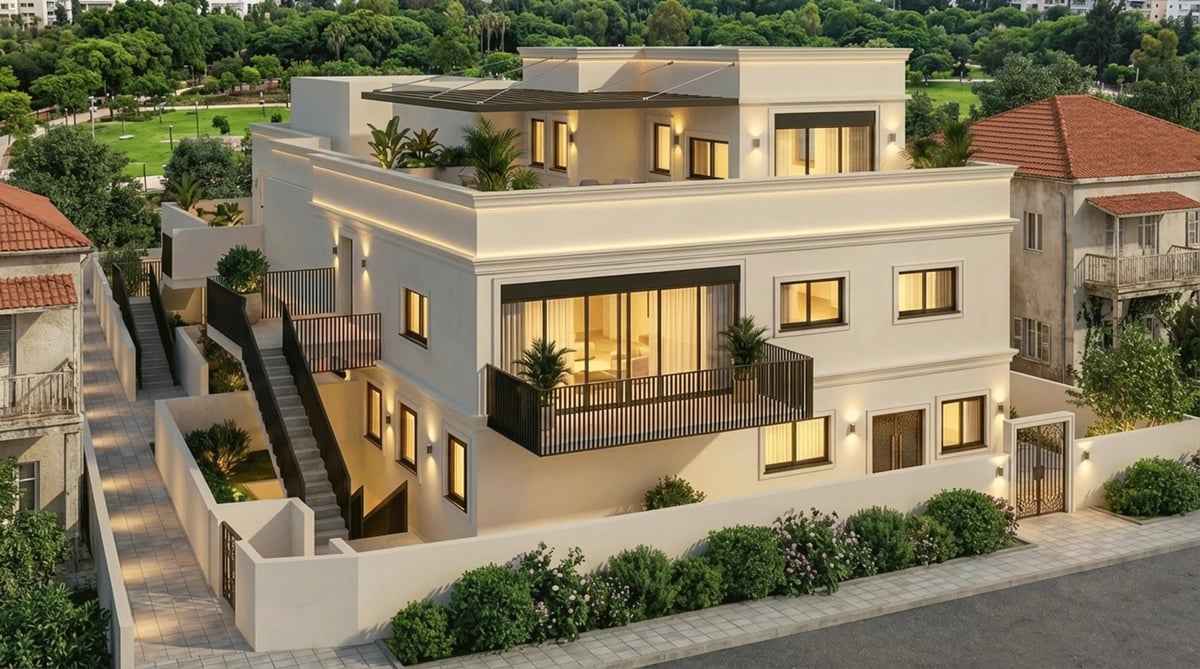 הדמיית חוץ לבית פרטי מואר בסגנון ים-תיכוני עם מרפסת גג — View Boost