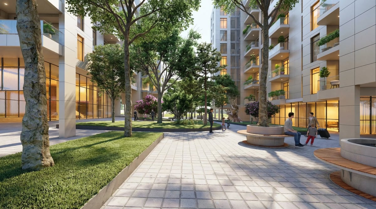 הדמיית פיתוח נוף לחצר פנימית עם עצים ושבילים בין בניינים — View Boost