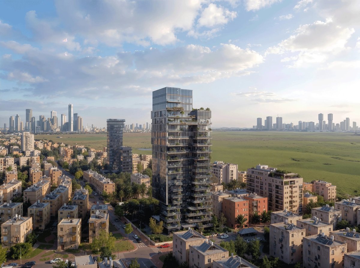 הדמיית אוויר למגדל מגורים ירוק בשכונה עירונית — View Boost
