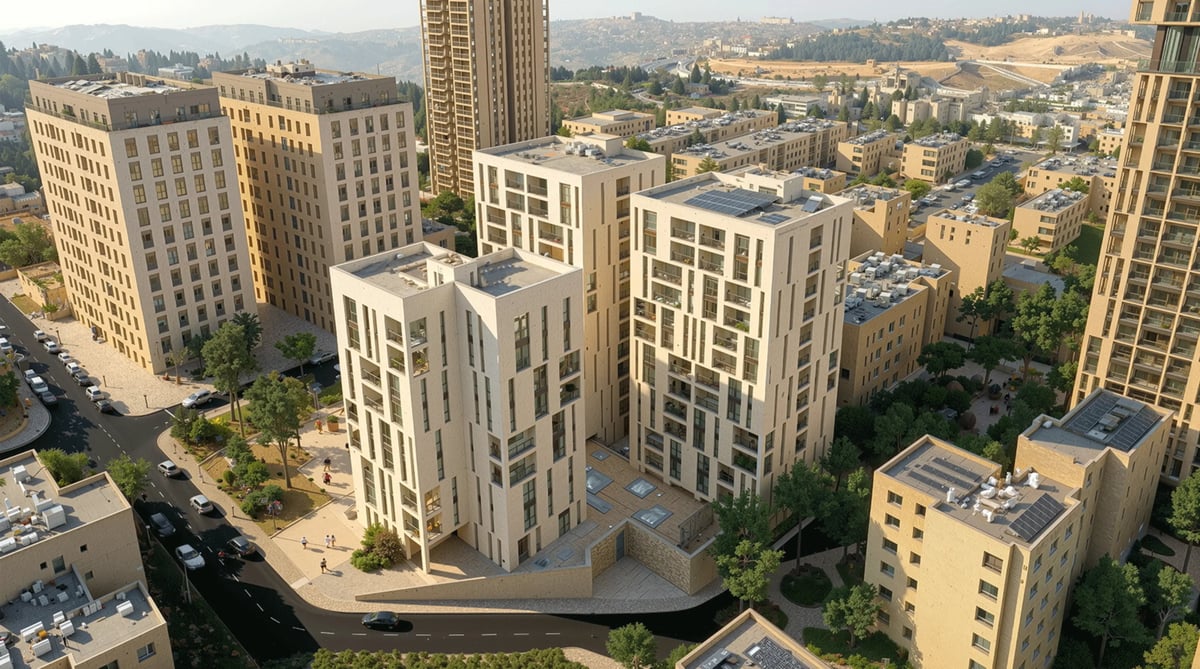 הדמיית אוויר למתחם מגורים עם בנייני אבן מודרניים — View Boost