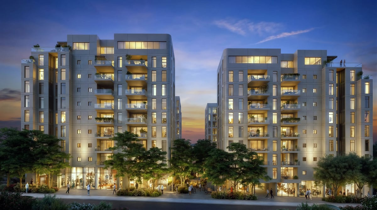 הדמיית ערב לזוג בנייני מגורים עם תאורת חנויות ברחוב — View Boost