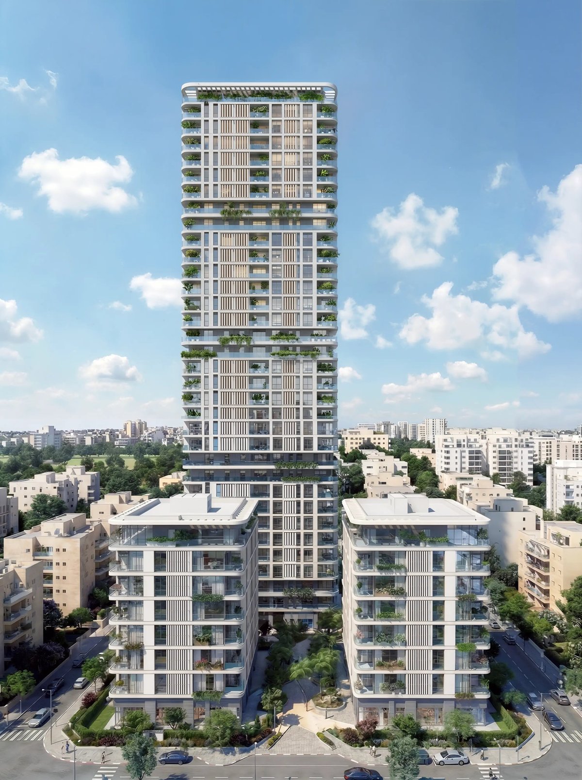 הדמיית חוץ למגדל מגורים גבוה עם מרפסות ירוקות — View Boost